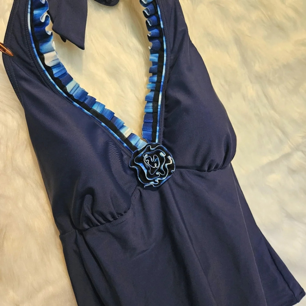 Christina Vintage Halter Rose Tankini w/Ruched and Ruffled Swim Skirt (Set)